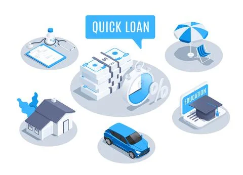 Isometric vector illustration isolated on white background, quick loan set, m Stock Illustration