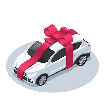 Isometric vector illustration isolated on white background, car with big red  스톡 일러스트