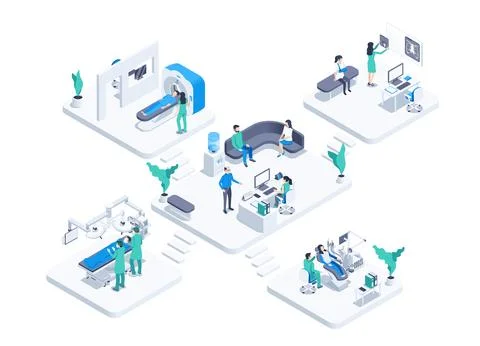 Isometric vector illustration isolated on white background, medical center of Stock Illustration