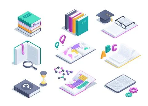 Isometric vector illustration isolated on white background, set of books and  Illustrazione stock