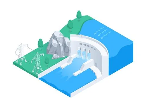 Isometric vector illustration isolated on white background, hydroelectric pow Ilustración de archivo