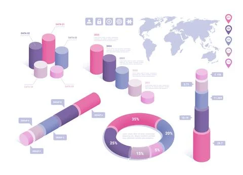Isometric vector illustration isolated on white background, infographics set  Illustrazione stock
