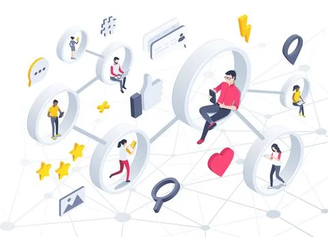Isometric vector illustration isolated on white background, people with gadge Stock Illustration