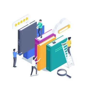 Isometric vector illustration isolated on white background, people with books Illustrazione stock