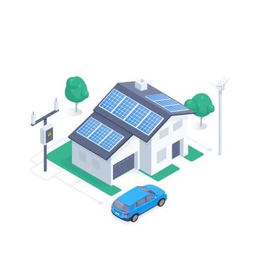 Isometric vector illustration isolated on white background, solar powered hou Stock Illustration