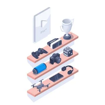 Isometric vector illustration isolated on white background, shelves with gadg イラスト素材