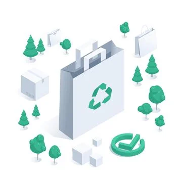 Isometric vector illustration isolated on white background, paper bags and bo Stock Illustration