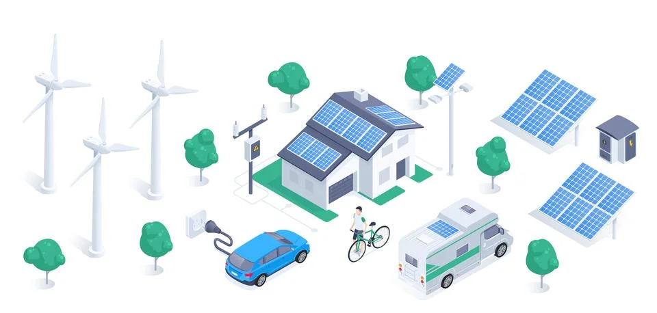 Isometric vector illustration isolated on white background, wind generator an Stock Illustration