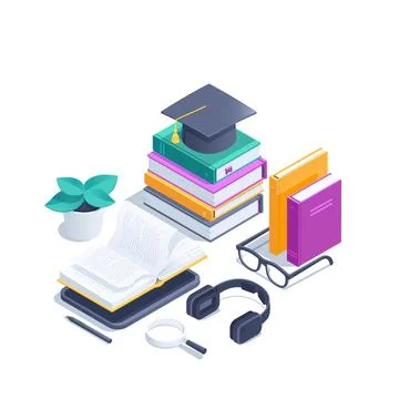 Isometric vector illustration isolated on white background, books next to gla イラスト素材