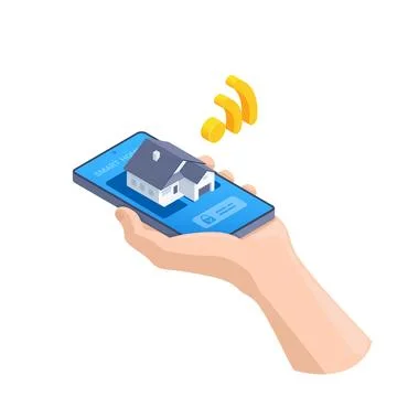 Isometric vector illustration isolated on white background, smartphone in han Stock Illustration