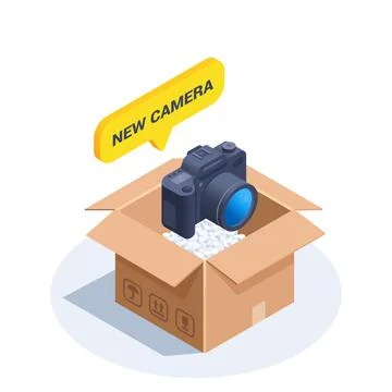 Isometric vector illustration isolated on white background, camera over opene Stock Illustration