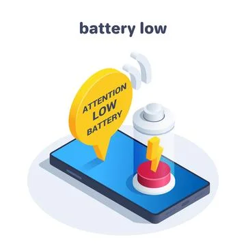 Isometric vector illustration isolated on white background, low battery on sm Stock Illustration