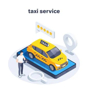 Isometric vector illustration isolated on white background, taxi car on smart Stock Illustration