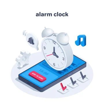 Isometric vector illustration isolated on white background, alarm clock over  Ilustração Stock