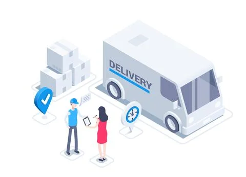 Isometric vector illustration isolated on white background, delivery car next Stock Illustration
