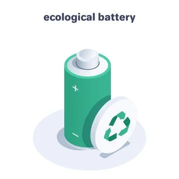 Isometric vector illustration isolated on white background, green battery and Stock Illustration