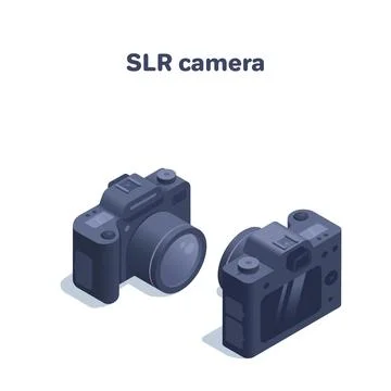 Isometric vector illustration isolated on white background, SLR camera front  Stock Illustration