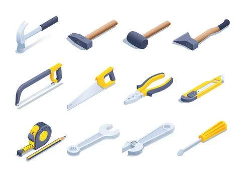 Isometric vector illustration isolated on white background, hand tools icon s Stock Illustration