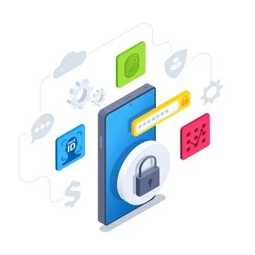 Isometric vector illustration isolated on white background, smartphone with p Stock-Illustration