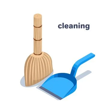 Isometric vector illustration isolated on white background, broom and dustpan Stock Illustration