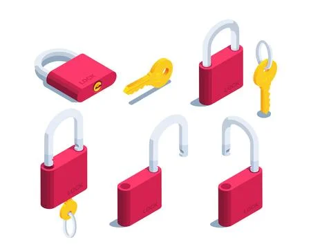 Isometric vector illustration isolated on white background, locks and key ico Stock Illustration