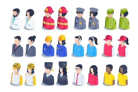 Isometric vector illustration isolated on white background, people icons set, イラスト素材