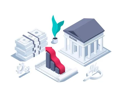 Isometric vector illustration isolated on white background, bank icon next to 스톡 일러스트