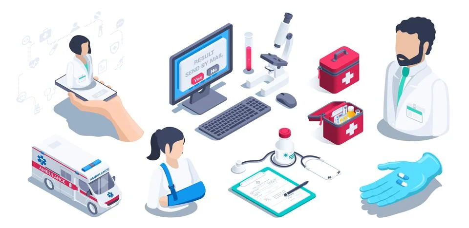 Isometric vector illustration isolated on white background, medical help, doc Ilustración de archivo