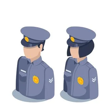 Isometric vector illustration isolated on white background, police man and wo Ilustração Stock