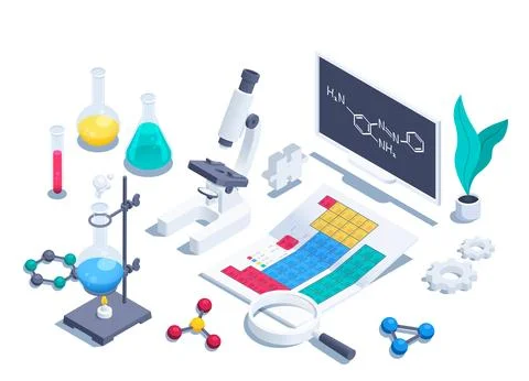 Isometric vector illustration isolated on white background, microscope with p Illustrazione stock