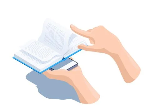Isometric vector illustration isolated on white background, hands leafing thr Illustrazione stock