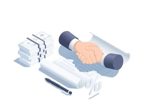 Isometric vector illustration isolated on white background, handshake over pa Ilustração Stock