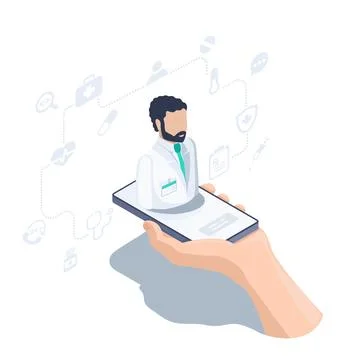 Isometric vector illustration isolated on white background, hand with smartph Stock Illustration