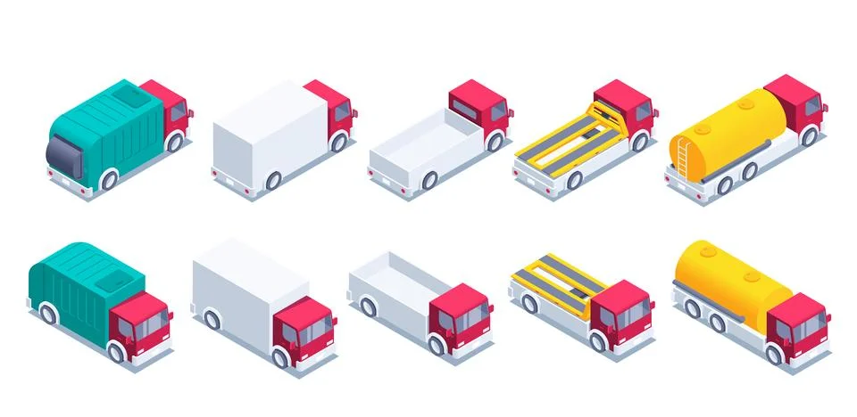 Isometric vector illustration isolated on white background, truck set, tow tr Stock Illustration