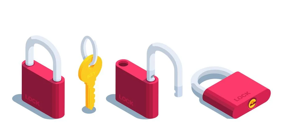 Isometric vector illustration isolated on white background, locks and key ico Stock Illustration