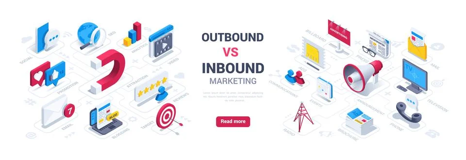 Isometric vector illustration isolated on white background, outbound vs inbou Stock Illustration