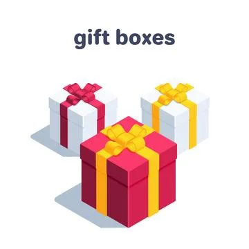 Isometric vector illustration isolated on white background, gift boxes with r イラスト素材