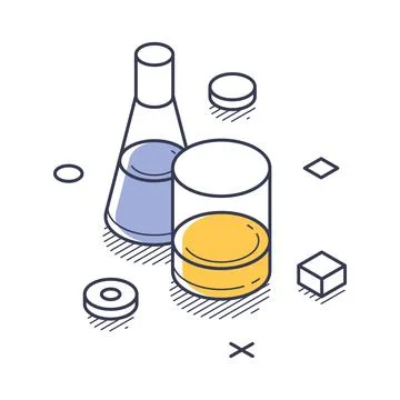 Isometric vector illustration of laboratory glassware with colorful liquids.  Stock Illustration
