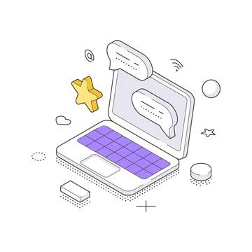 An isometric vector illustration of a laptop with chat bubbles and a rating s Stock Illustration