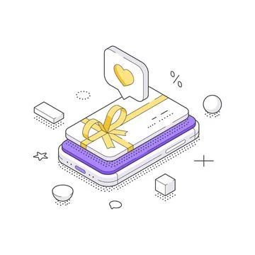 Isometric vector illustration of a loyalty program. Digital gift card on a sm Stock Illustration