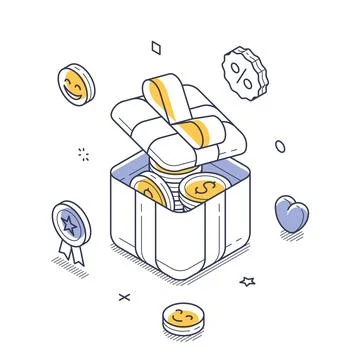 Isometric vector illustration of a loyalty program. An open gift box full of  Stock Illustration