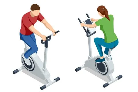 Isometric vector illustration of a man and a woman using exercise bikes. Indoor Stock Illustration