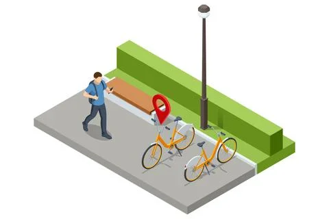 An isometric vector illustration of a man checking his phone near two orange Stockillustratie