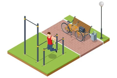 An isometric vector illustration of a man doing outdoor exercises on bars near a Ilustração Stock