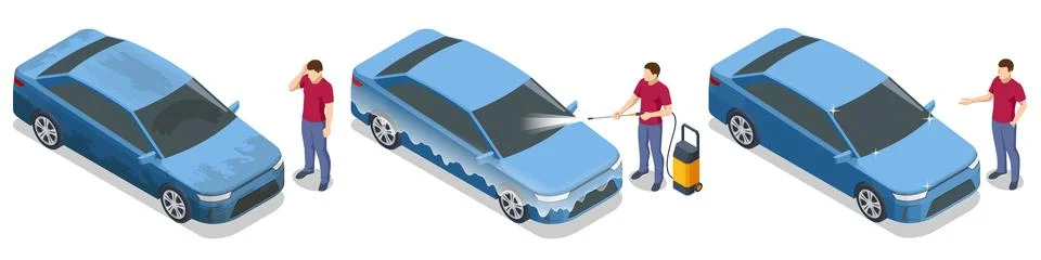Isometric vector illustration of a man manually washing a dirty blue car using a Stock Illustration
