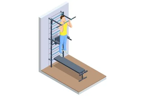 Isometric vector illustration of a man performing pull-ups on gym wall bars イラスト素材