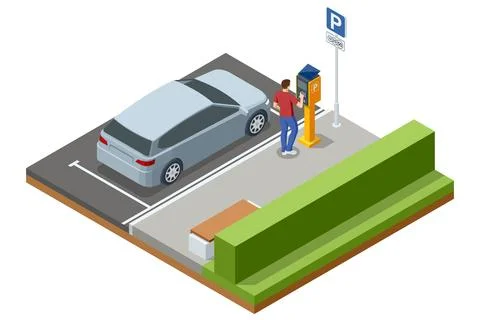 An isometric vector illustration of a man using a solar-powered parking meter to Stock Illustration