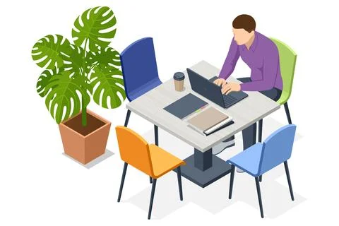 Isometric vector illustration of a man working alone at a coworking table with Stock Illustration