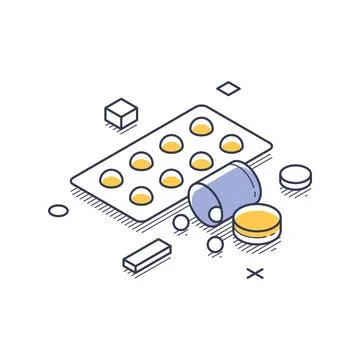 Isometric vector illustration of medication pills in a blister pack. Represen Stock Illustration