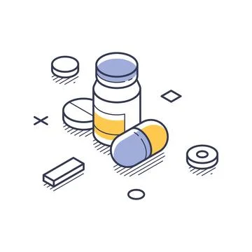 Isometric vector illustration of a medicine bottle, capsule, and pills. Repre Stock Illustration